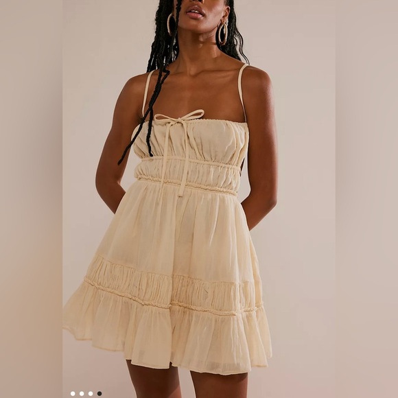 SOLD — Free People NWT | Taking Sides Shirred Tiered Cotton Mini Dress Ivory - Picture 10 of 12